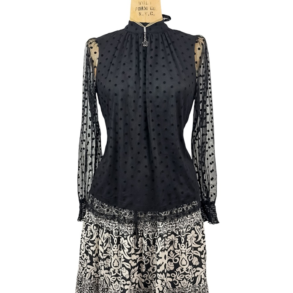 Gothic Sheer Mesh Polka Dot Blouse Mock Neck Bow Back Victorian Lace Trim S